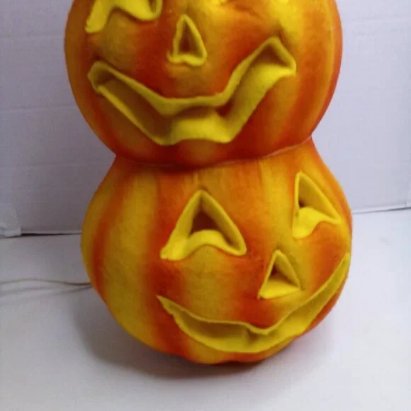 Vintage 3 Tier Jack O Lantern Pumpkin Felt Covered Blow Mold Halloween 18" Works - Picture 5 of 13